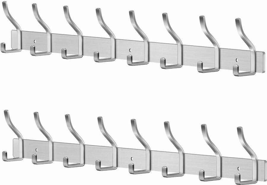 MEIJO Kapstokhaak RVS kapstok zilveren kapstokhaak muur met 8 haken wandhaak kapstok voor slaapkamer badkamer keuken kledingrek (zilver 8 haken 2 stuks)