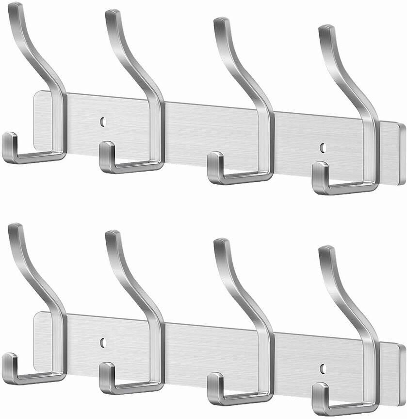 MEIJO Kapstokhaak RVS kapstok zilveren kapstokhaak wand met 4 haken wandhaak kapstok voor slaapkamer badkamer keuken kledingrek (zilver 4 haken 2 stuks)