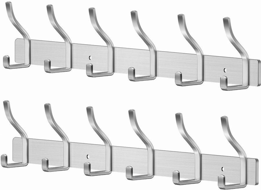 MEIJO Kapstokhaak RVS kapstok zilveren kapstokhaak wand met 6 haken wandhaak kapstok voor slaapkamer badkamer keuken kledingrek (zilver 6 haken 2 stuks)