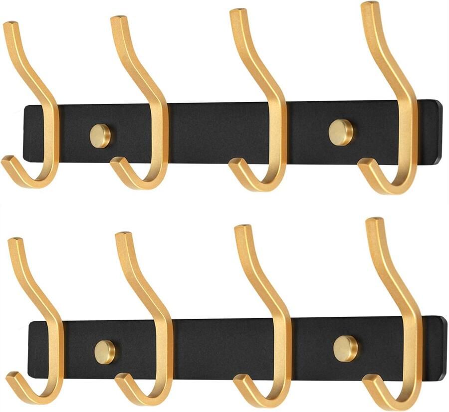 MEIJO kapstokhaken roestvrij staal kapstokrail met 4 haken kapstok wandkapstok voor slaapkamer badkamer keuken (zwart & goud 4 haken 2 stuks)