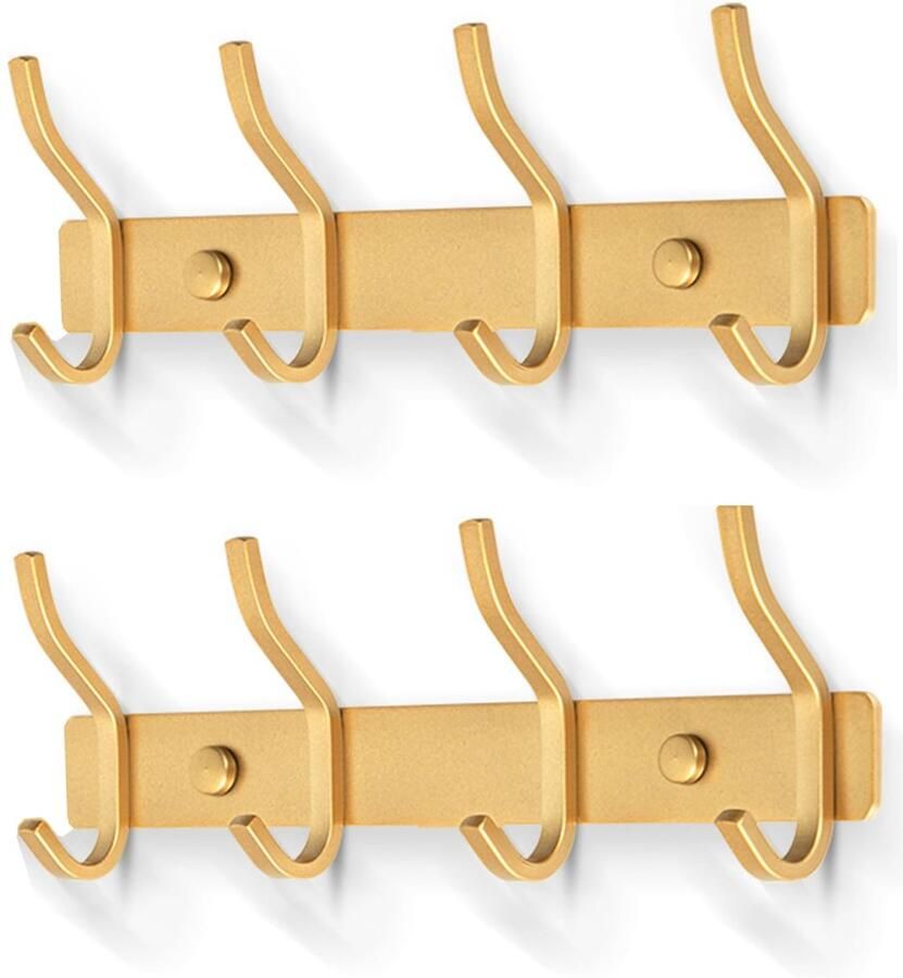 MEIJO Kapstokhaken RVS Kapstokhaak Wand met 4 Haken Kapstok Wandkapstok voor Slaapkamer Badkamer Keuken (Goud 4 Haken 2 Stuks)
