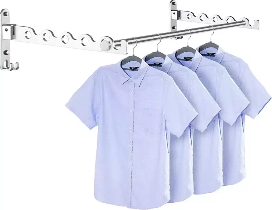 MEIJO Kledinghaken inklapbaar wandkledingrek klaphaak wandhaken balkon kledinghaken voor wasruimte slaapkamer badkamer (zilver 2 stuks + stang)