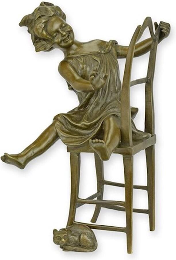 Meisje met Kat Bronzen Beeld Kindje op Stoel Brons Beeldje Kunst Sculptuur Kind Happy Cat Decoratie 13x11x21