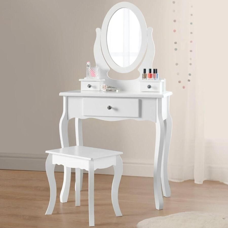 Meisjes Kaptafel met Spiegel en Krukje White Wooden Kids Vanity Table met Kristallen Knoppen Childs Dressing Table Set voor Kinderen in de leeftijd van (8-13)