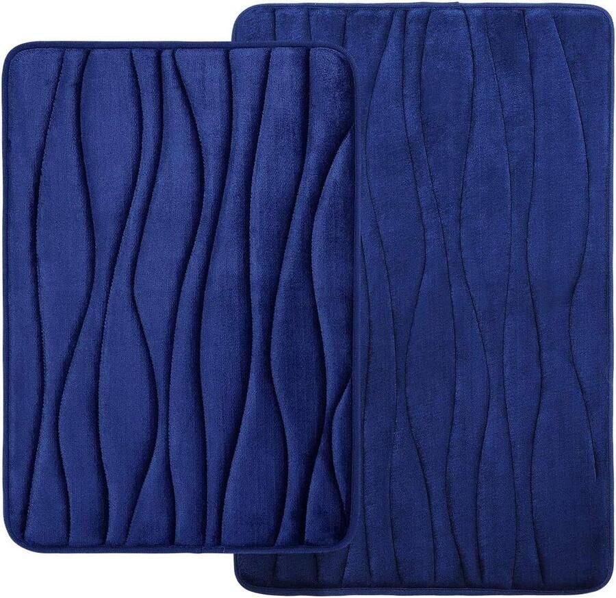 Memory Foam Bath Mat Set of 2 Non-Slip and Absorbent Machine Washable Navy Blue