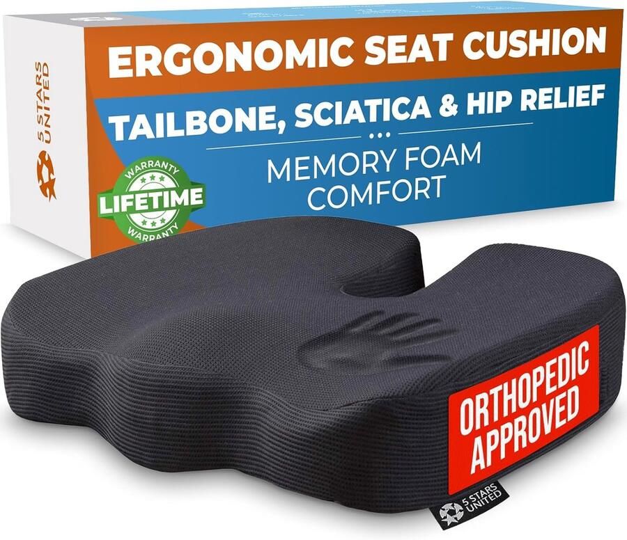 Memory Foam Zitkussen voor Bureaustoel Ergonomisch Stuitbeenkussen voor Pijnverlichting en Comfort Antislip en Draagbaar Zwart