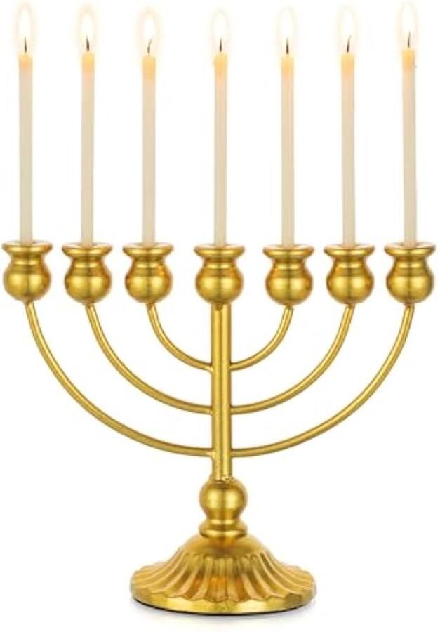 Menora Kandelaar 7 Arm: Chanoeka Menora 21 5 cm Hoog voor Chanoeka Kaarsen Gouden Joodse Menora voor Tafel Schouw of Plank