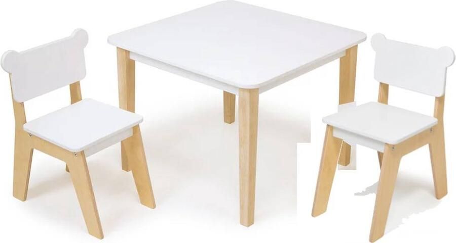 Mentari kindertafel en stoelen set wit met hout met 2 beren stoeltjes 66 x 66 cm