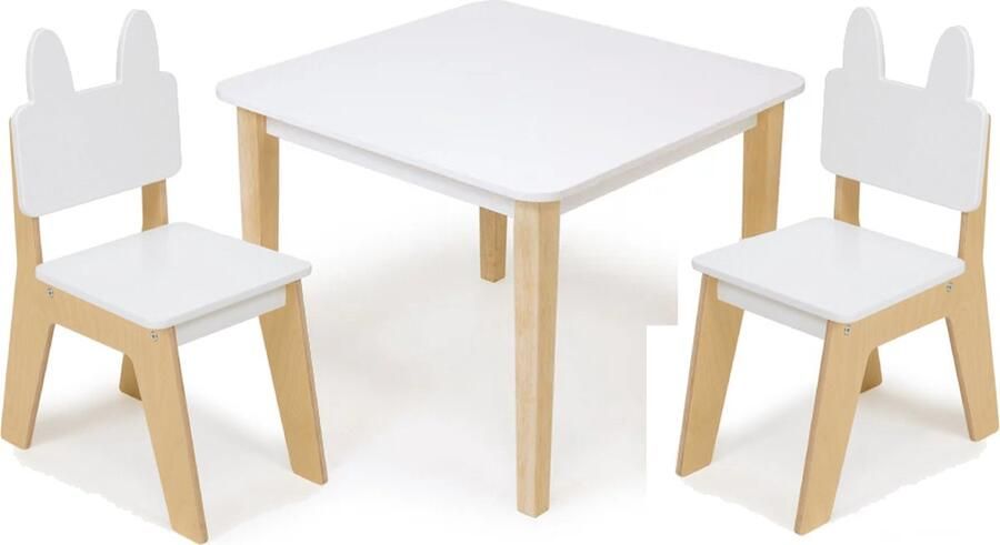 Mentari kindertafel en stoelen set wit met hout met 2 konijnen stoeltjes 66 x 66 cm