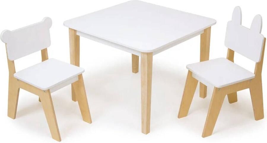 Mentari kindertafel en stoelen set wit met hout met beren en konijnen stoeltjes 66 x 66 cm
