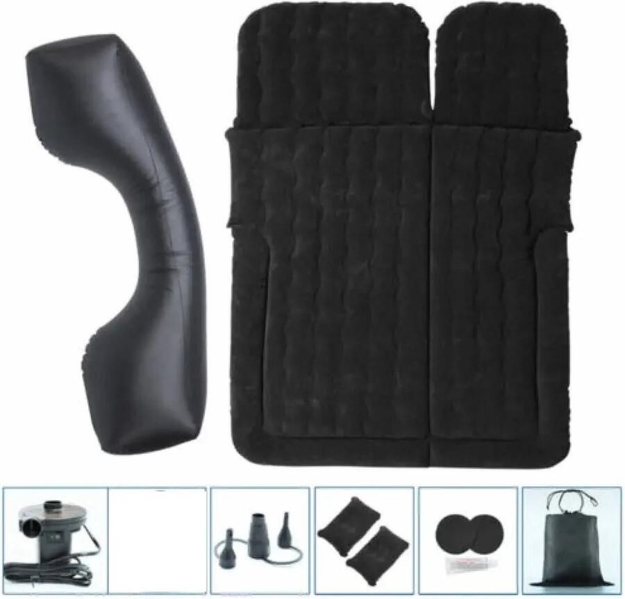 Mercadome Auto luchtbed incl. gratis pomp Opblaasbaar bed Achterbank matras met floklaag Incl. 2 gratis kussens Zwart 174 x 126 cm