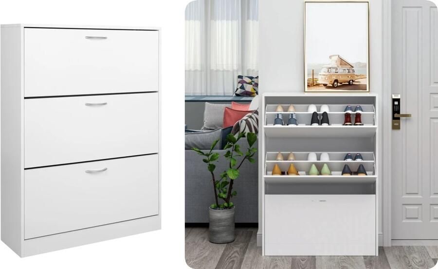 Instinct Witte Schoenenkast Smalle Schoenladekast met 3 Flappen 106x50x15cm voor Gang en Woonkamer 3 flappen