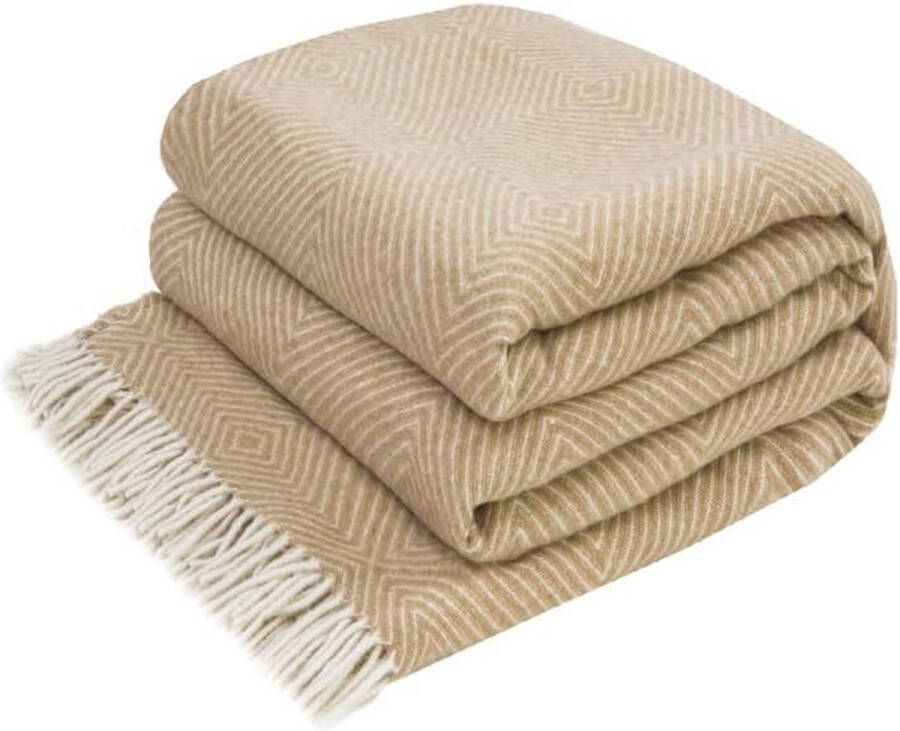 Merino Wollen Deken Plaid Wol voor Sofa Bank & Bed Merinowol Blanket Zachte Warme Grote Sprei Merinowollen Plaids Schapenwollen (140 x 200 cm Beige met Wit Ruitpatroon)