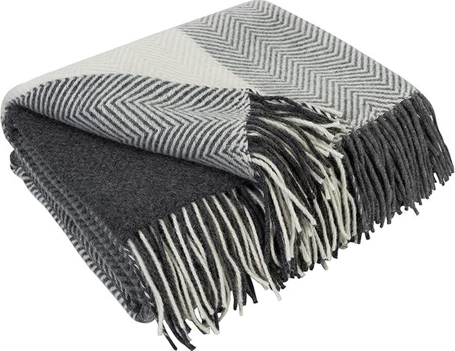 Merino Wollen Deken Plaid Wol voor Sofa Bank & Bed Merinowol Blanket Zachte Warme Grote Sprei Merinowollen Plaids Schapenwollen (140 x 200 cm Donkergrijs Grijs Wit Chevron Vierkanten)