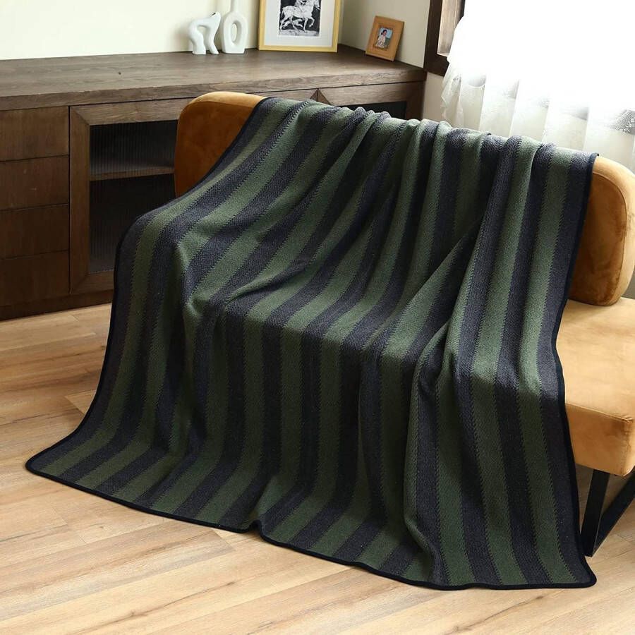 Merino Wollen deken woondeken warm en knuffelig wasbaar grote sprei ideaal voor buiten camping bank bed reizen superzachte wollen deken (groene strepen)