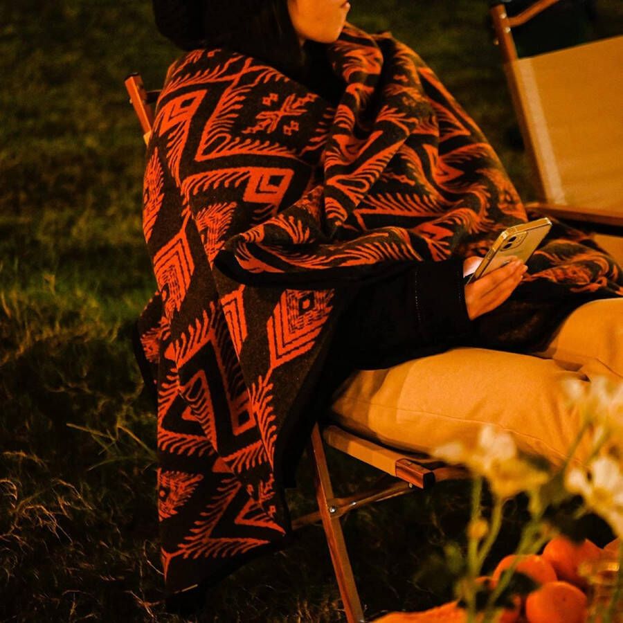 Merinowollen deken warme deken woondeken knuffeldeken wollig bankdeken sprei plaid bank grote sprei ideaal voor buiten kamperen alle seizoenen (160 x 220 cm boho oranje)
