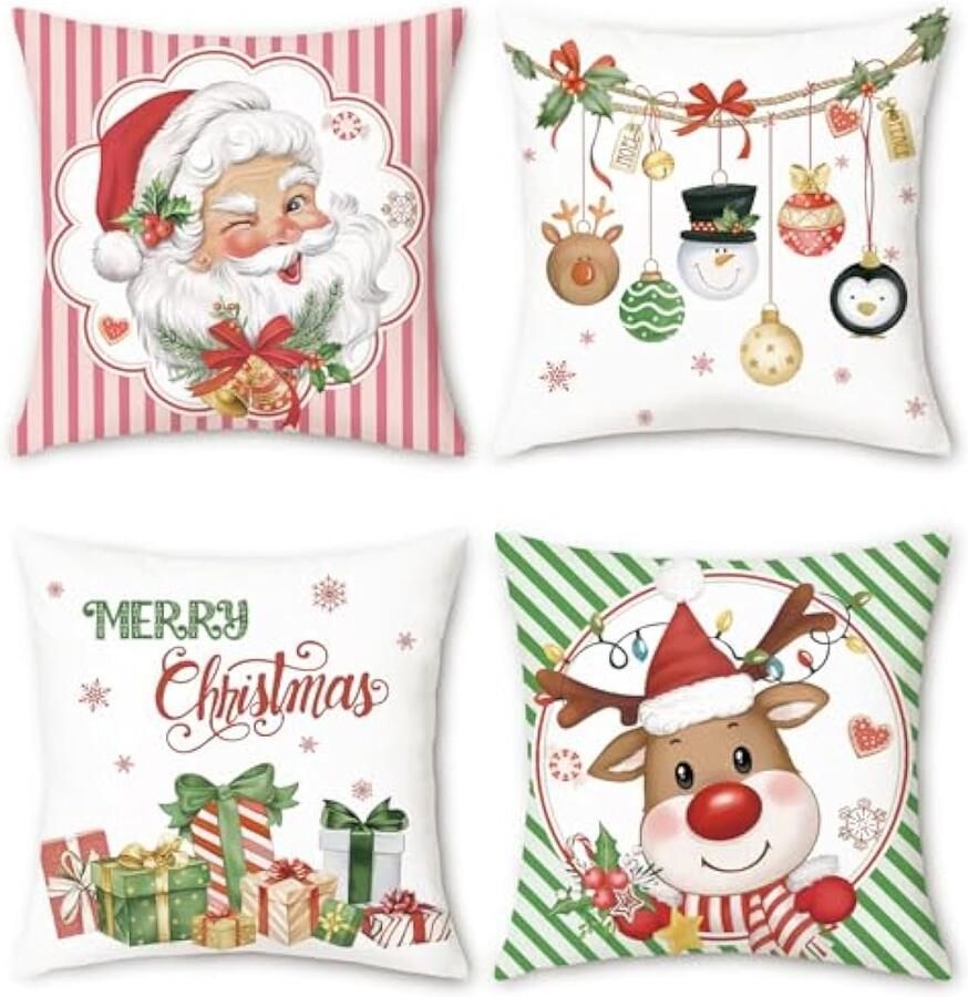Selbro Merry Christmas Kussenhoezen 45 x 45 cm Kerstman herten kerstballen sneeuwvlokken decoratieve sierKussenslopen voor bank bed thuis winter vakantie decoratie set van 4
