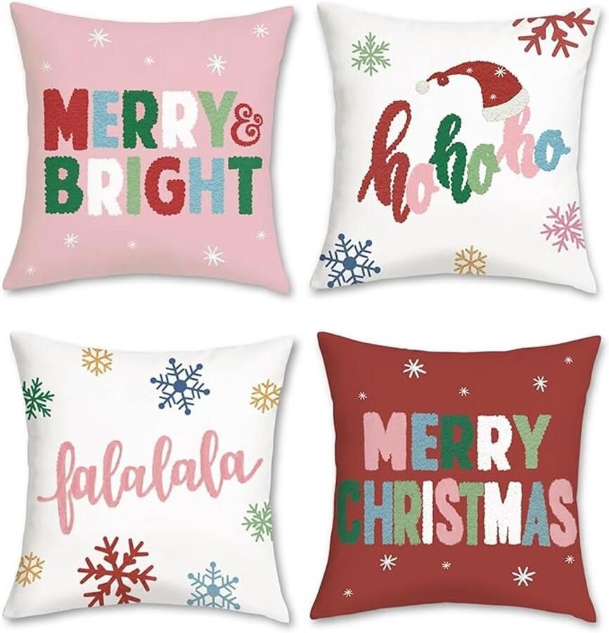 Merry Christmas kussenhoezen 45 x 45 cm Merry & Bright Sneeuwvlokken Roze Rood Decoratieve Kussenslopen voor Slaapbank Thuis Winter Vakantie Decor Set van 4