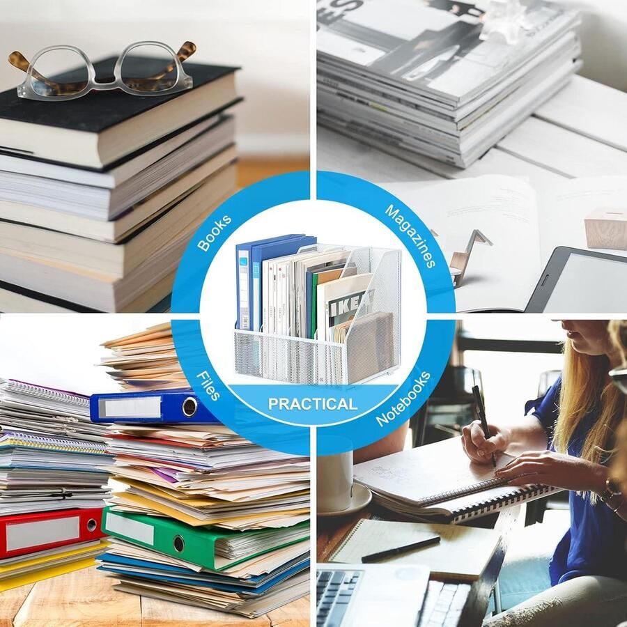 Mesh Bureaunetjes met 4 Compartimenten Metalen A4 Tijdschriftenhouder voor Bureau Witte Kantoor Literatuur Organiser