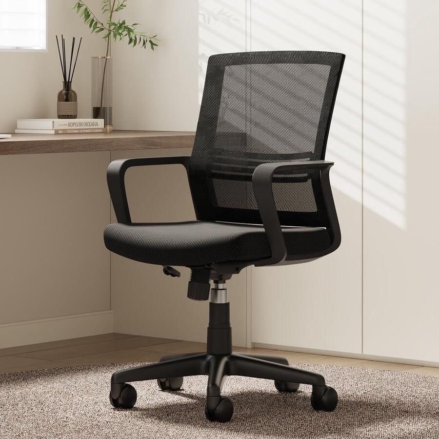 Mesh Computer Bureaustoel Home Swivel Ergonomische Bureaustoel Met Armsteun Verstelbare hoogte Hoge Dichtheid Foam Seat Stille Wielen Zwart