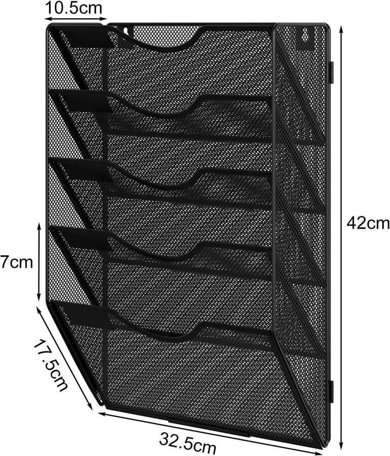 Mesh In Tray voor 5 A4 documenten met Muurbevestiging en Sorteerladen Zwart Bureau Organizer voor Post en Tijdschriften