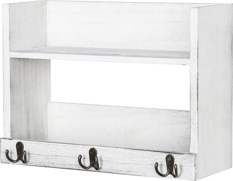 Met plank van hout wandsleutelhouder met 3 dubbele sleutelhaken wandrek van hout voor sleutelplank organizer rustieke wanddecoratie voor entree woonkamer slaapkamer wit grijs