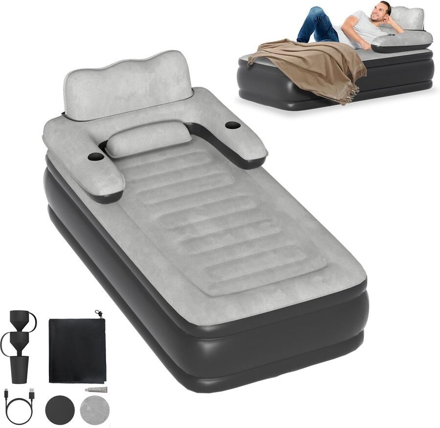 Met pomp luchtmatras vlokmateriaal met rugleuning comfortabel draagbaar zelfopblazend ideaal voor logeerbed en campingbed 190 x 100 x 42 cm eenpersoonsbed