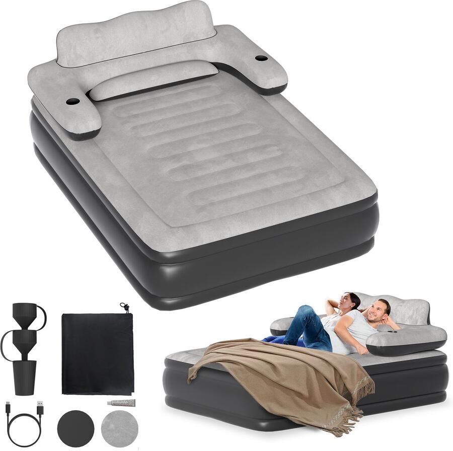 Met pomp luchtmatras vlokmateriaal met rugleuning comfortabel draagbaar zelfopblazend ideaal voor logeerbed en campingbed tweepersoonsbed 195 x 145 x 42 cm