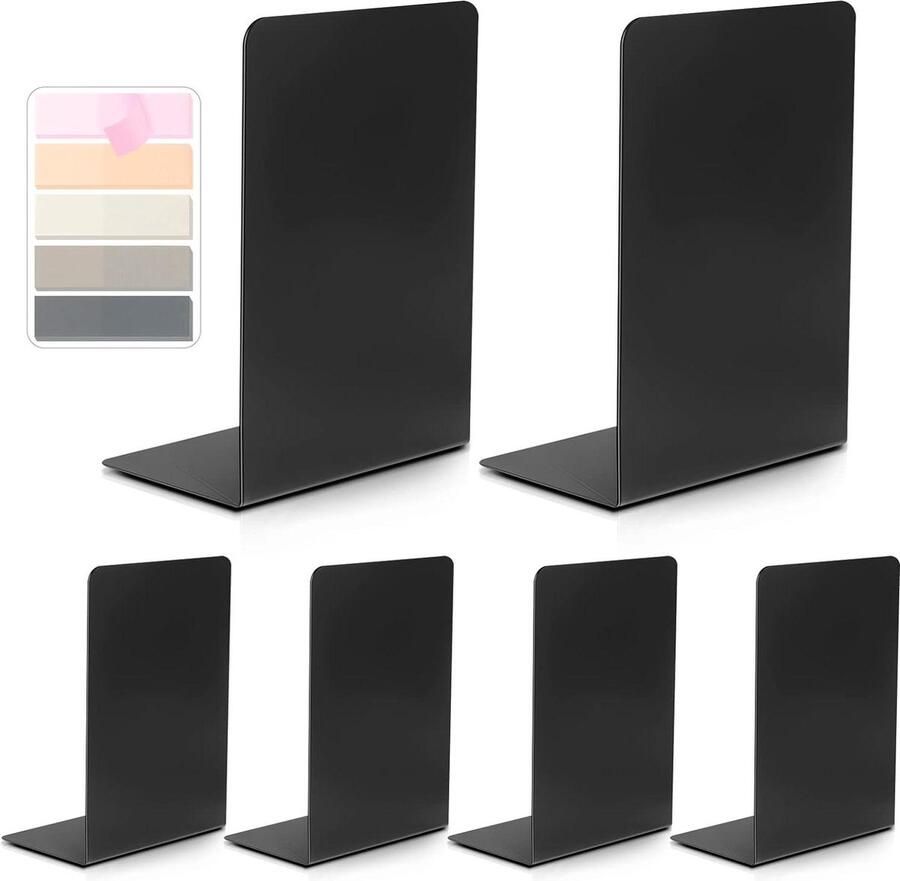 Metaal 6 Stuks Boekensteunen 135 x 10 x 20 cm Boekenhouder Bookends met Index Zelfklevende Notities Boekenstopper voor School Thuis Kantoor Bibliotheek Boekenkast book ends