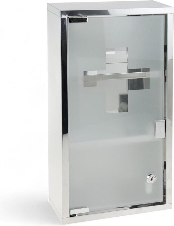 Metaal afsluitbaar medicijnkastje met glazen deur 2 sleutels kinderveilig wandmontage zilver 25 x 12 x 48 cm