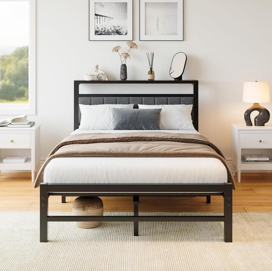 Metaal Bed 120x200 cm Gestoffeerd Bedframe Sterke Lattenbodem Eenvoudige Montage Donkergrijs Slaapkamerinrichting Bedden Modern Design