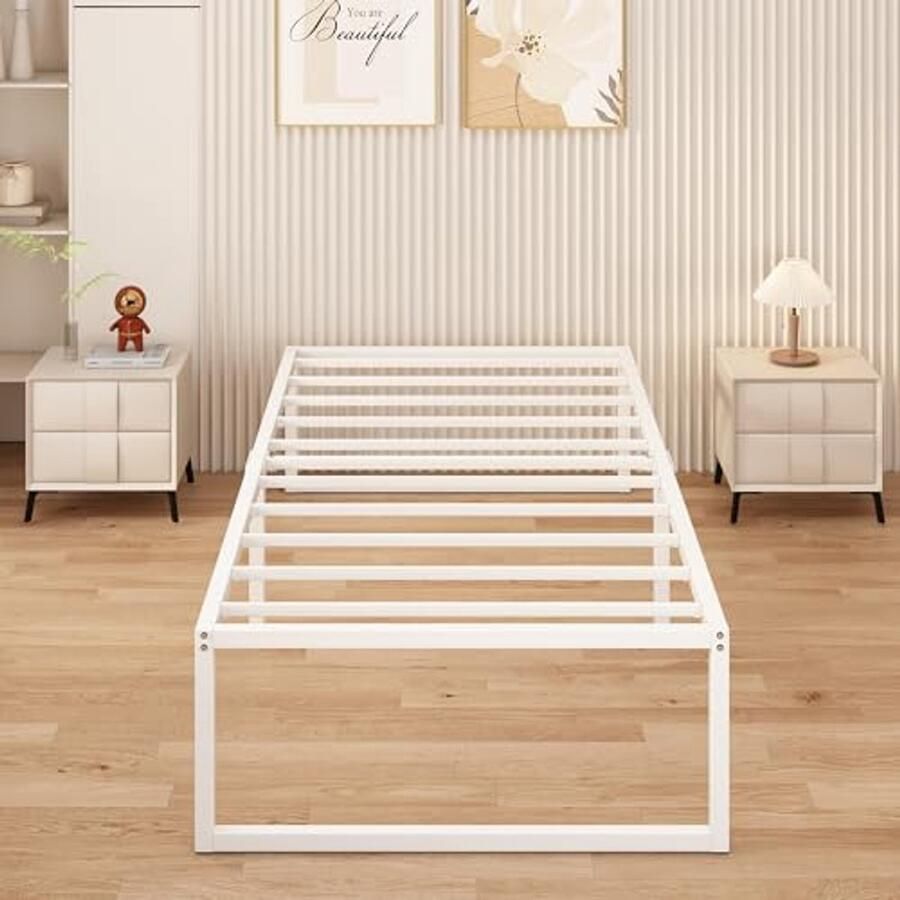 Metaal Bed 90 x 190 cm met Sledeframe Eenpersoonsbed Hoogte 41 cm Gemakkelijk te Monteren Wit