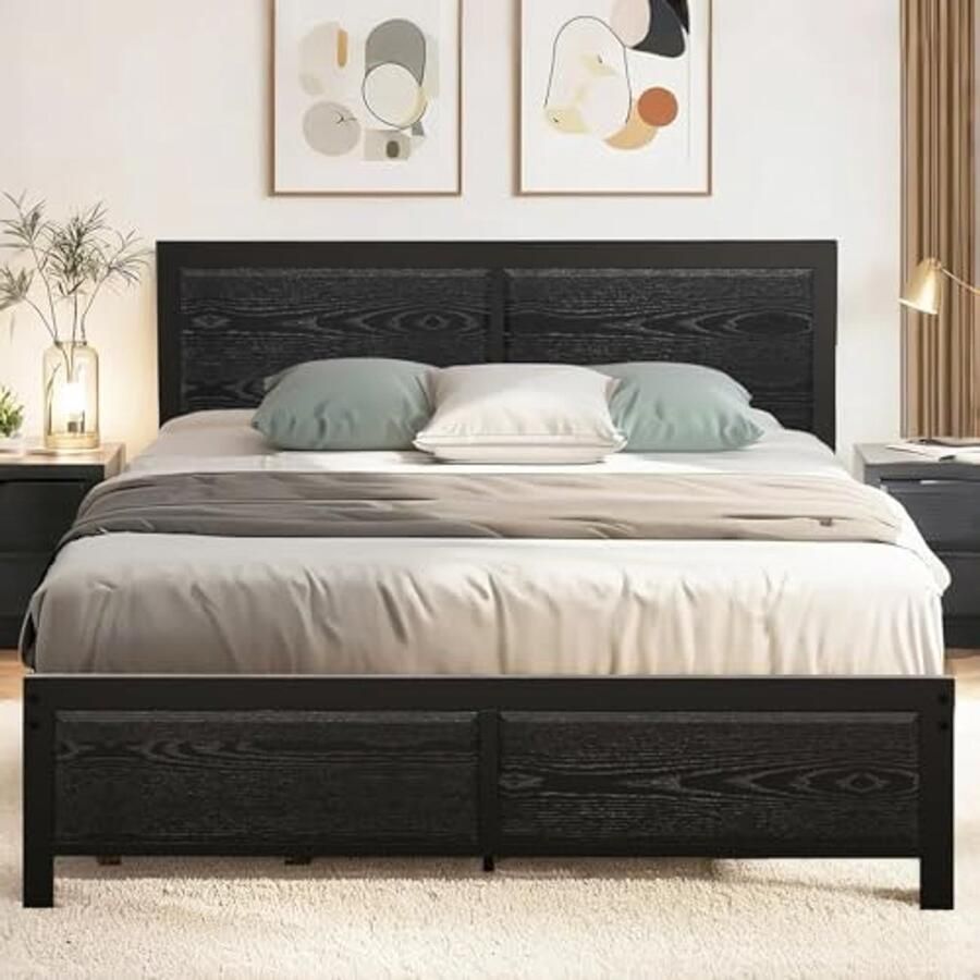 Metaal Bedframe 140 x 200 cm met Houten Hoofdeinde en Onderbed Opslag – Ideaal voor de Slaapkamer