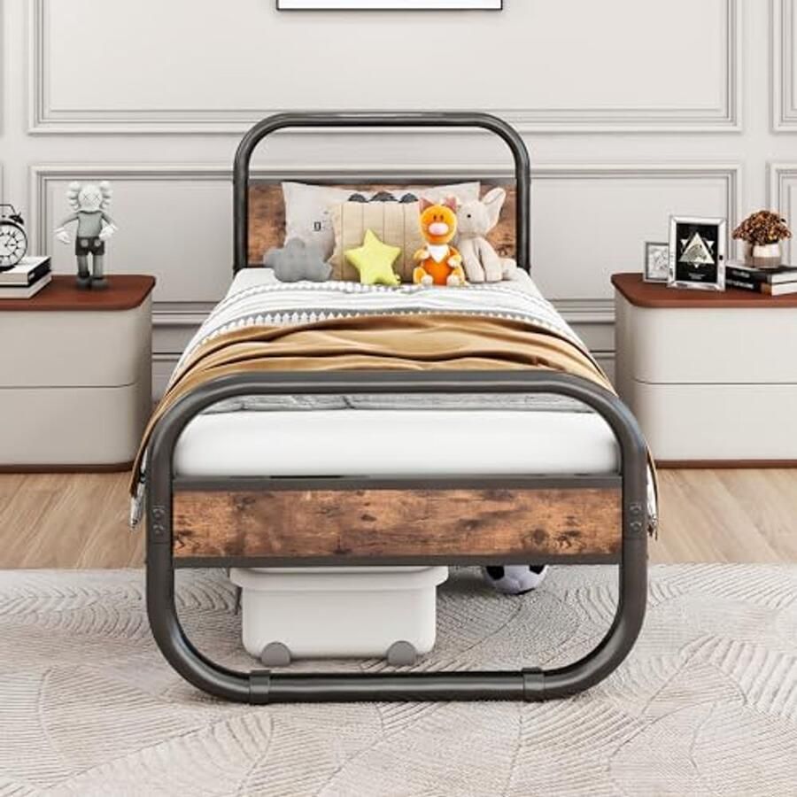 Metaal en Houten Bed Frame 90 x 200 cm Slatted Frame Zwart