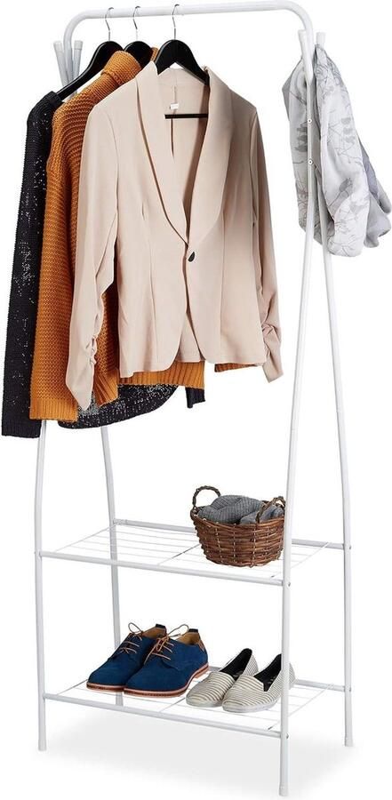 Metaal kledingrek met 2 planken en 4 haken kledingstang voor hal en kleedkamer wit 158 x 60 x 33 cm 1 stuks kledingrek