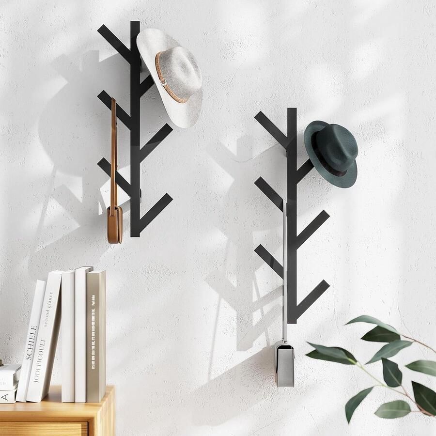 Metaal Verticale Jashaken Set Van 2-41 cm Kapstokken Wandkapstok Voor het Ophangen van Jassen Muurkapstokken met 6 Haken Hoeden Sjaals en Handtassen (Zwart) kapstok hangend met plank