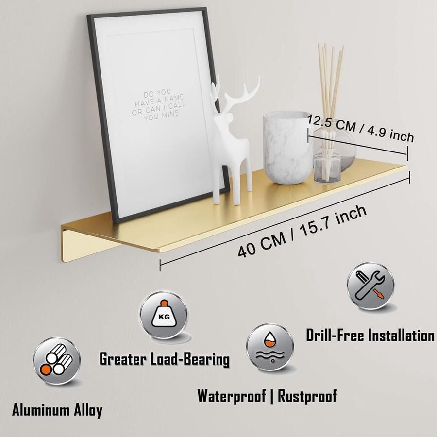 Metaal Wandrek Decoratief Zwevend Rek set van 2 Geborsteld Gouden Wandrek 40cm Plank Wandmontage Doucheplank Planken voor Muren voor Presentatie voor Slaapkamer Woonkamer Badkamer