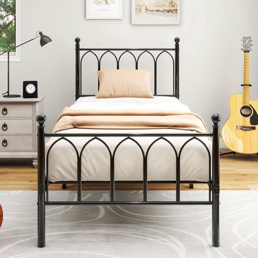 Metal Bed 90 x 200 cm Bed Frame with Slatted Frame Double Bed Single Bed Frame with Headboard and Footboard Guest Bed Youth Bed for Bedroom Guest Room Noise-Free Black