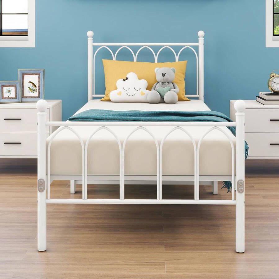 Metal Bed 90 x 200 cm Bed Frame with Slatted Frame Double Bed Single Bed Frame with Headboard and Footboard Guest Bed Youth Bed for Bedroom Guest Room Noise-Free White - Foto 2