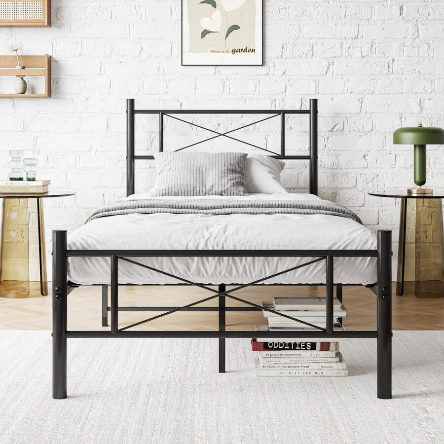 Metal Bed 90 x 200 cm Bed Frame with Slatted Frame Double Bed Single Bed Frame with Headboard Guest Bed Youth Bed for Bedroom Guest Room Black