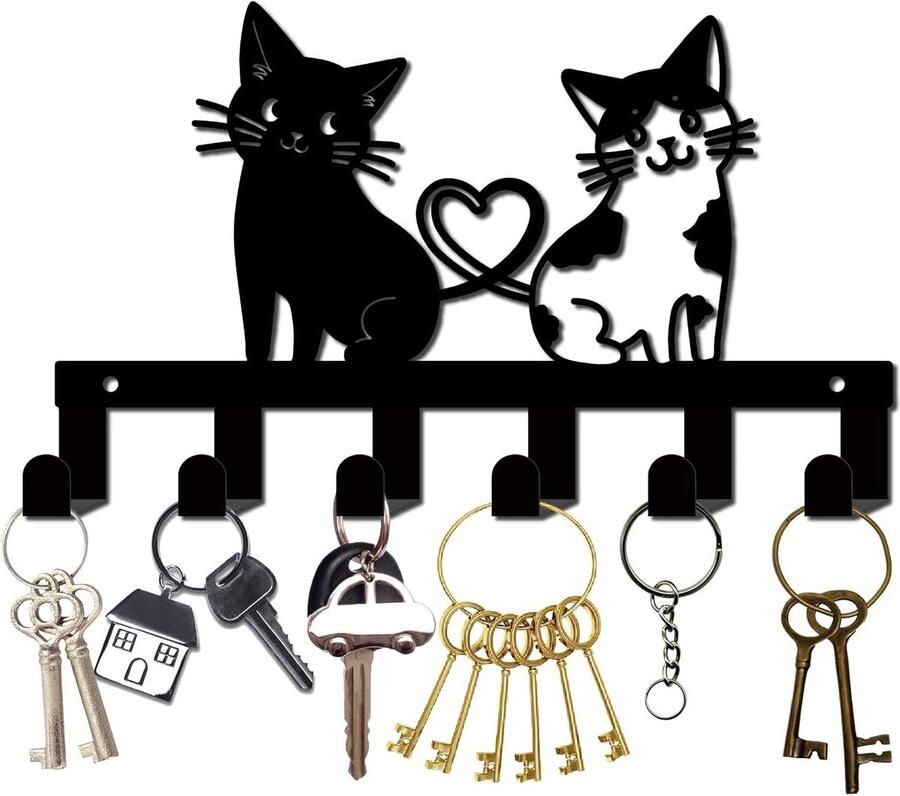 Metal Key Holder voor Wand Keychain Sleutelhanger Organizer Kapstok met 6 Haken Sleutelhangende Houder IJzeren Wandmontage Wanddecoratie Zwarte Katten voor Entree