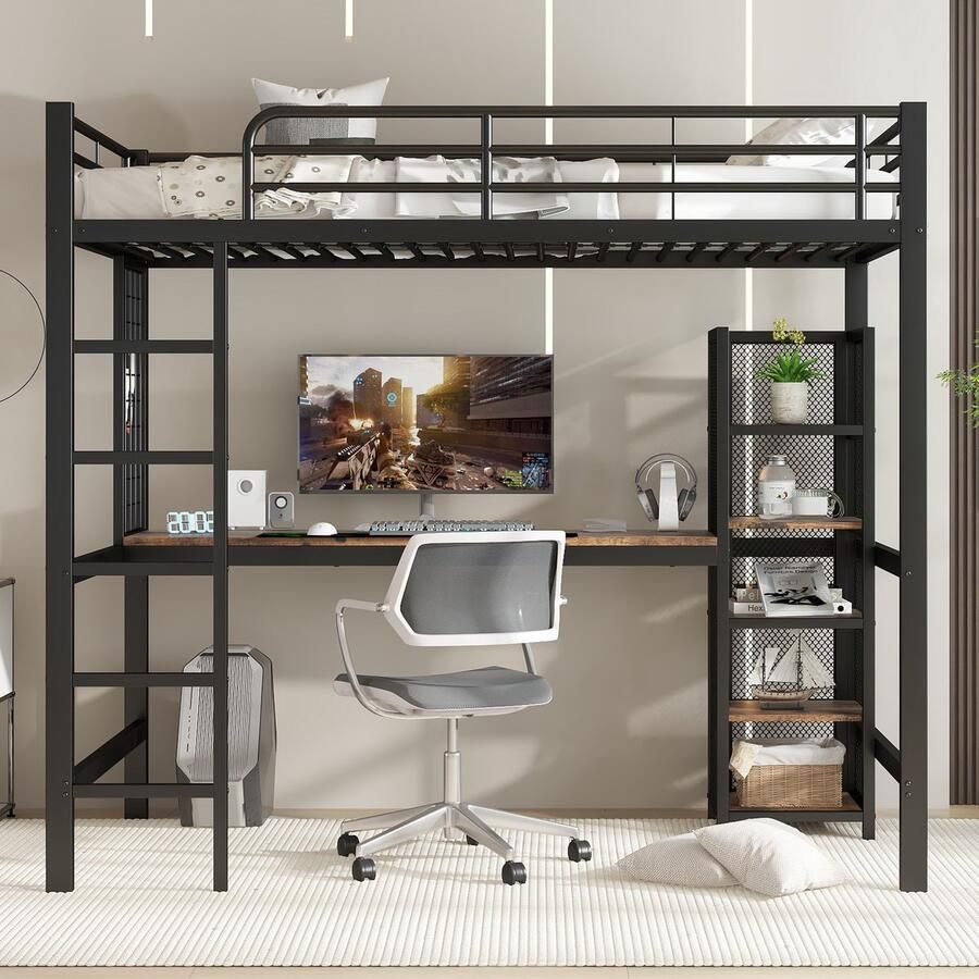 Ulife Hoogslaper ijzeren bed ijzer + MDF met tafel en kast met meerdere opbergvakken voorzien van metalen traliewerk stabiele leuning en ladder zwart + donkere houtkleur 90x200cm