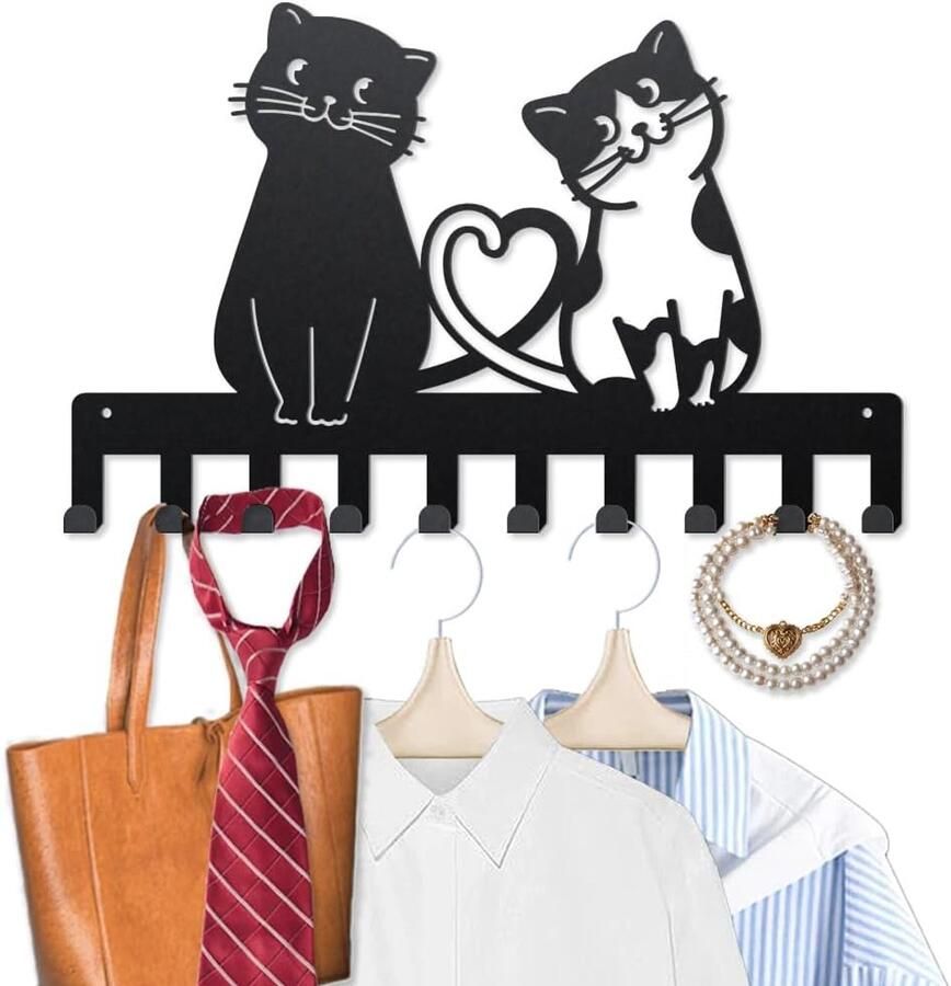 Metal Wall Hooks 40×25cm Cat'S Tails Hearts Wall Keychains 10 Hooks Animal Valentine's Day Art Black Keychain voor Jackets Hats Towels Hanging Bags