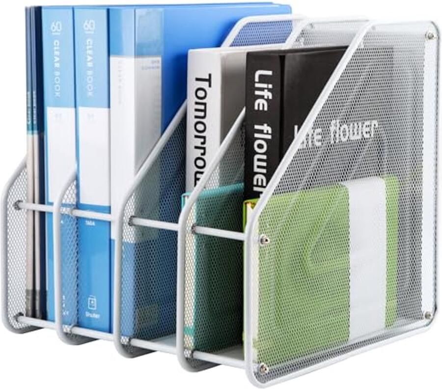 Metalen 4-vaks Tijdschriftenrek voor Bureau Verticale A4 Tijdschriftenhouder en Documentenorganizer in Wit