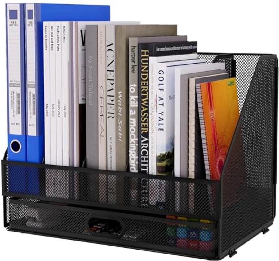 Metalen A4 Tijdschriftenhouder Mesh Bureau Organizer met 5 Compartimenten en Lade