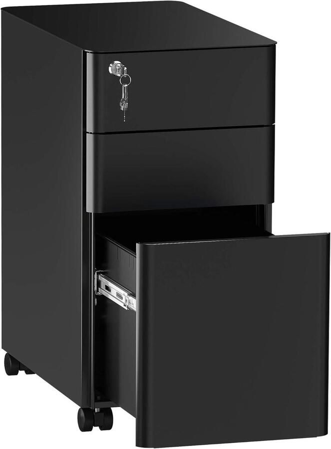 Metalen archiefkast met 3 laden voor thuiskantoor zwart 30 x 46 x 59 cm afsluitbaar mobiel dossierkast A4 formaat volledig gemonteerd