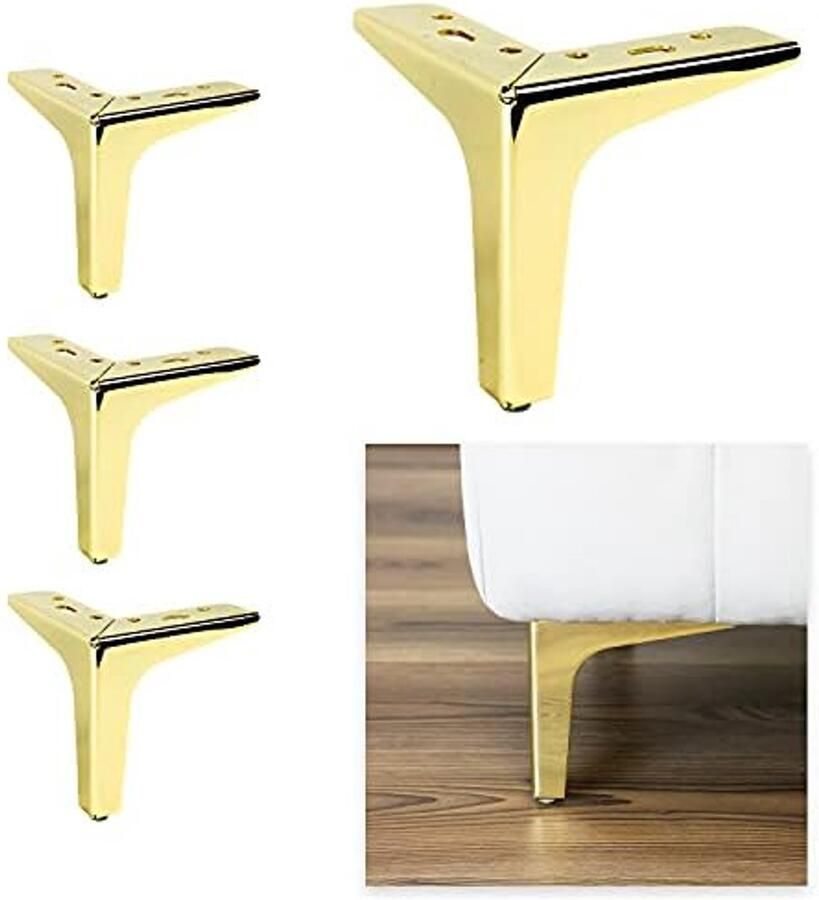 Metalen Bankenpoten Set van 4 met Schroeven Glanzende Gouden Kleur en Hoogte 13 cm