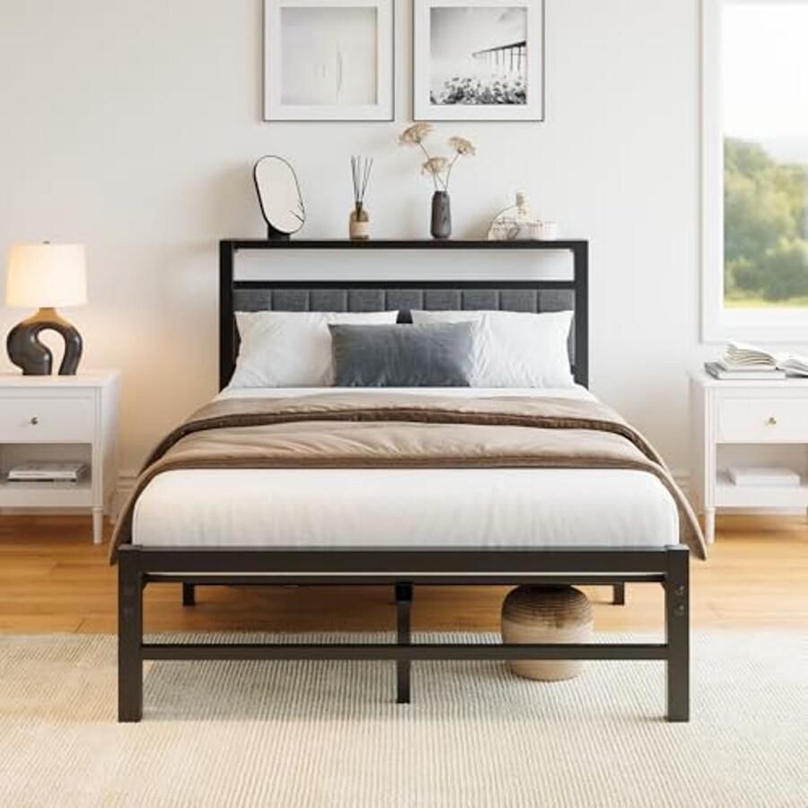 Metalen bed 120 x 200 cm met gestoffeerd hoofdeinde en sterke lattenbodem