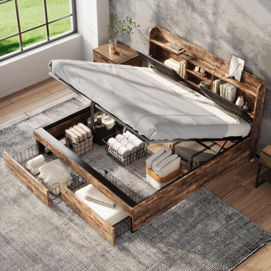 Metalen bed 140 x 200 cm hydraulisch bed jeugdbedden tweepersoonsbed met opberghoofdeinde en metalen lattenbodem zonder matras voor volwassenen kinderen tieners