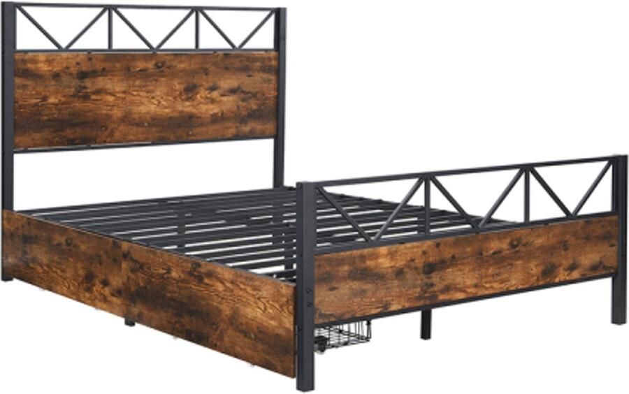 Metalen Bed 140x200cm Zonder Matras Zwart+Walnoot Metaal+MDF Vintage Stijl Met 2 Rollende Laden Voor Tieners En Volwassenen